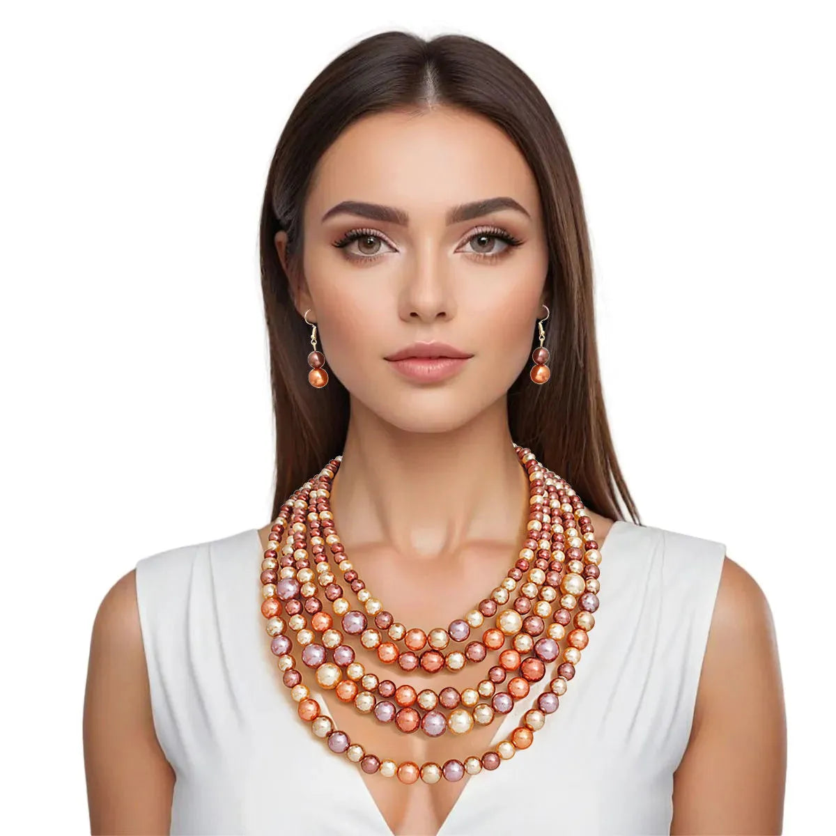 Earthy Pearls Multi-Layer Necklace with Pearl Drop Earrings | Fashion Jewelry