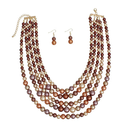 Earthy Pearls Multi-Layer Necklace with Pearl Drop Earrings | Fashion Jewelry