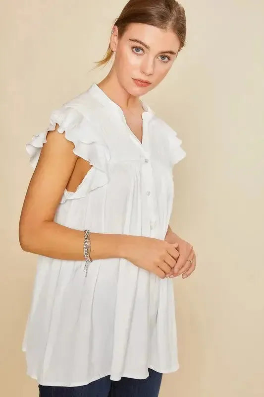 Ruffle Sleeve Shirred Flowy Woven Tunic Shirt in White – Feminine Frill & Effortless Elegance