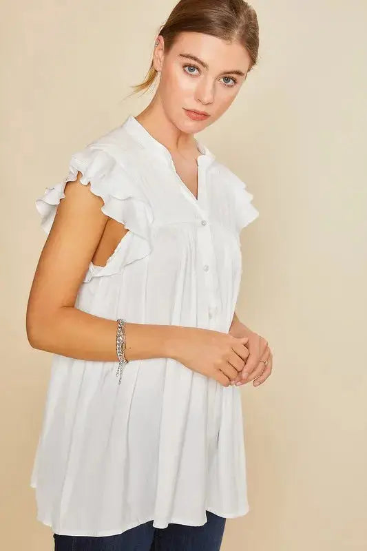 Ruffle Sleeve Shirred Flowy Woven Tunic Shirt in White – Feminine Frill & Effortless Elegance Trendsi