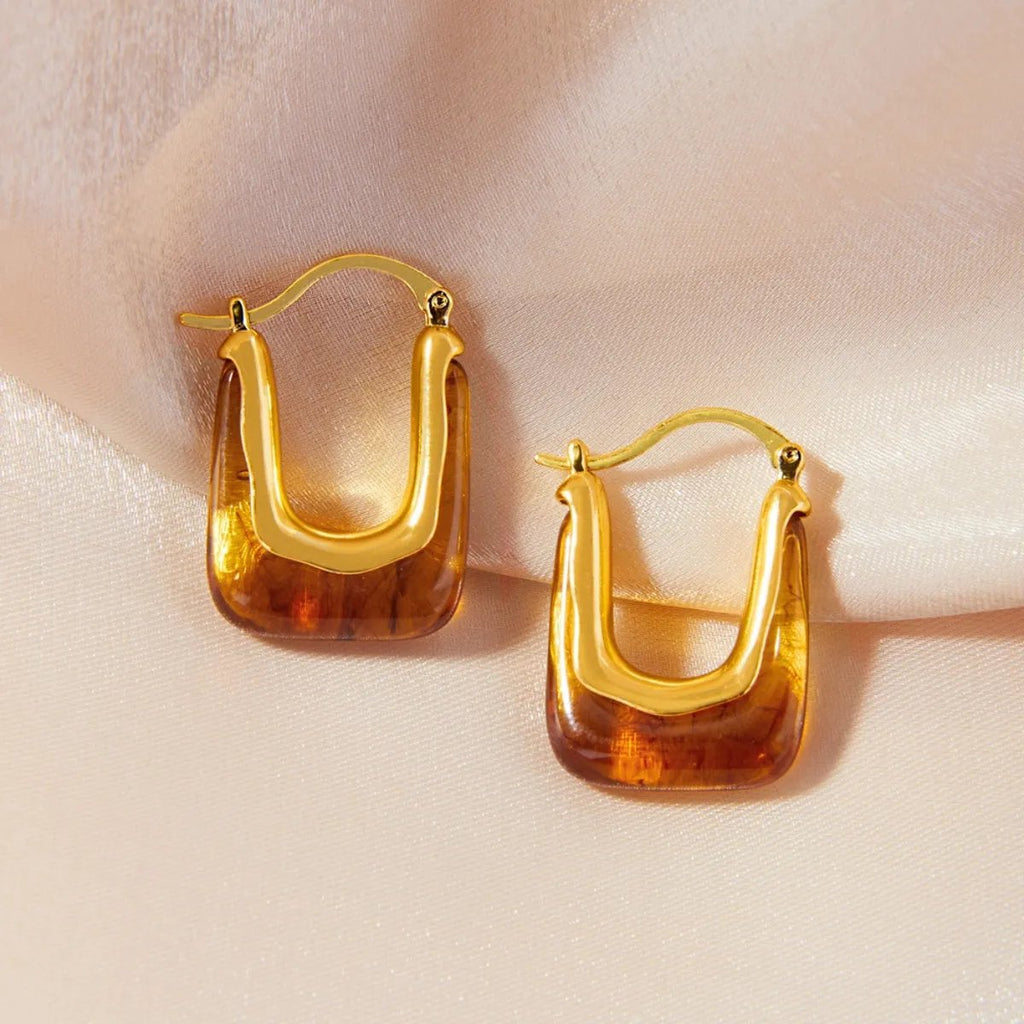 Gold-Plated U-Shape Resin Earrings - Modern Lightweight Design