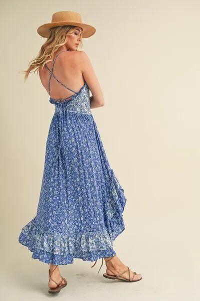 Blue Ditsy Floral Ruffled Hem Maxi Cami Dress
