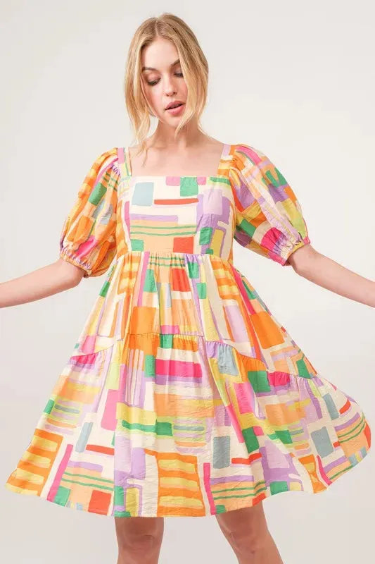 Square Neck Puff Sleeve Geo Printed Mini Dress – Bold, Modern Statement Style