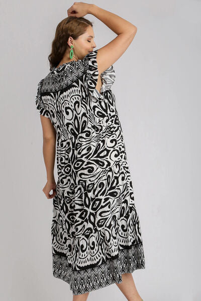 Two Tone Border Print Ruffle Cap Sleeve Midi Dress Trendsi