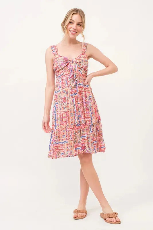 Boho Printed Dress with Tied Front and Tiered Skirt