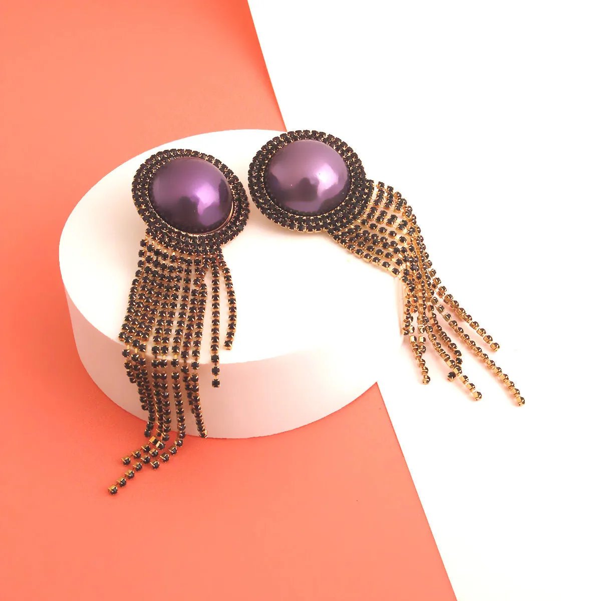 Gold Tone Clip-On Earrings Purple Faux Pearl & Rhinestone Fringe | Fashion Jewelry