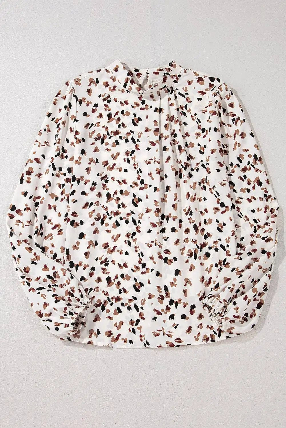 Leopard Print Puff Sleeve Mock Neck Blouse with Pleated Detail – Black or White