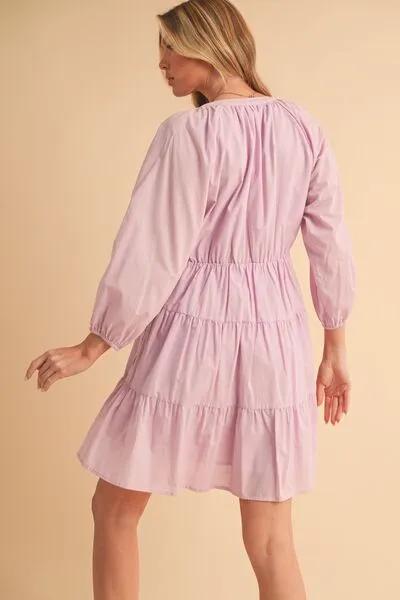 Lilac Notched Balloon Sleeve Tiered Mini Dress