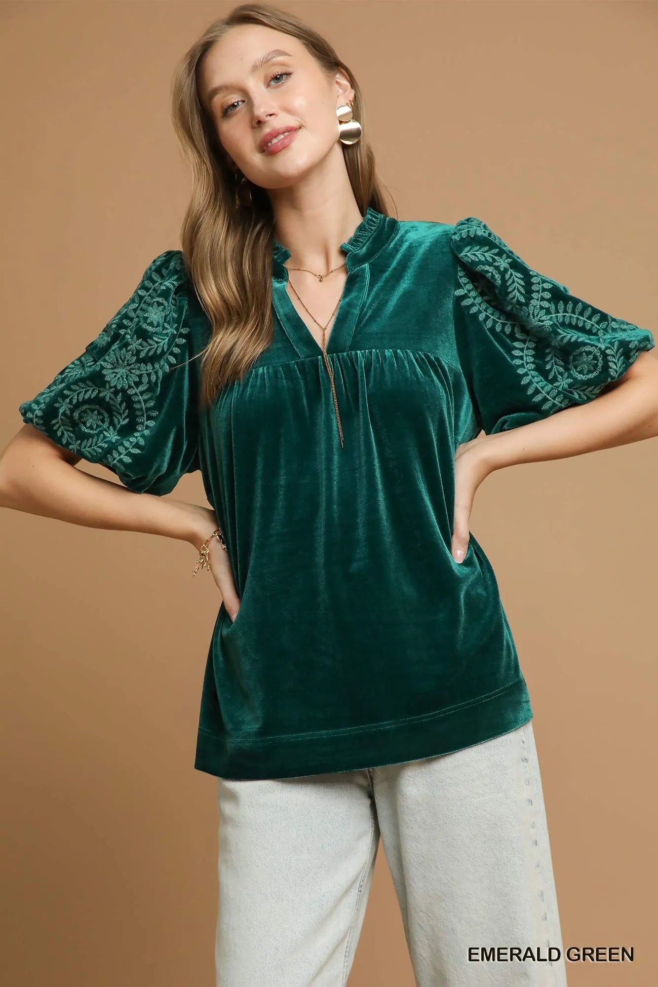 Umgee Velvet Embroidered Sleeve Blouse