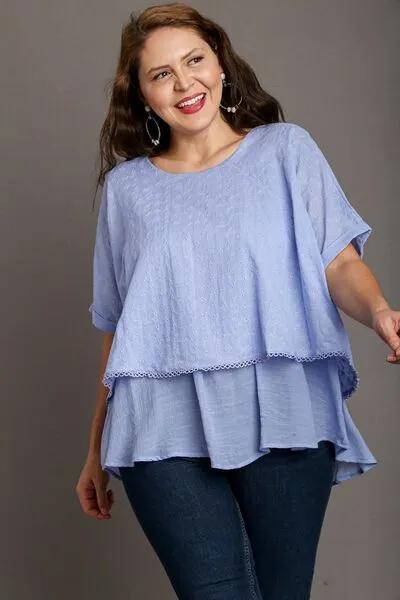 Eyelet Layered Short Sleeve Blouse - Light Blue