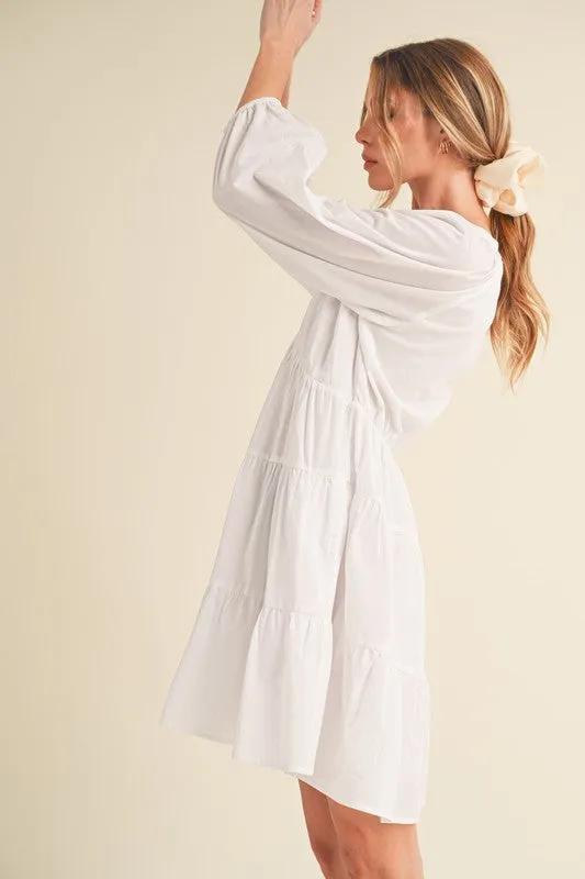 Notched Balloon Sleeve Tiered Mini Dress