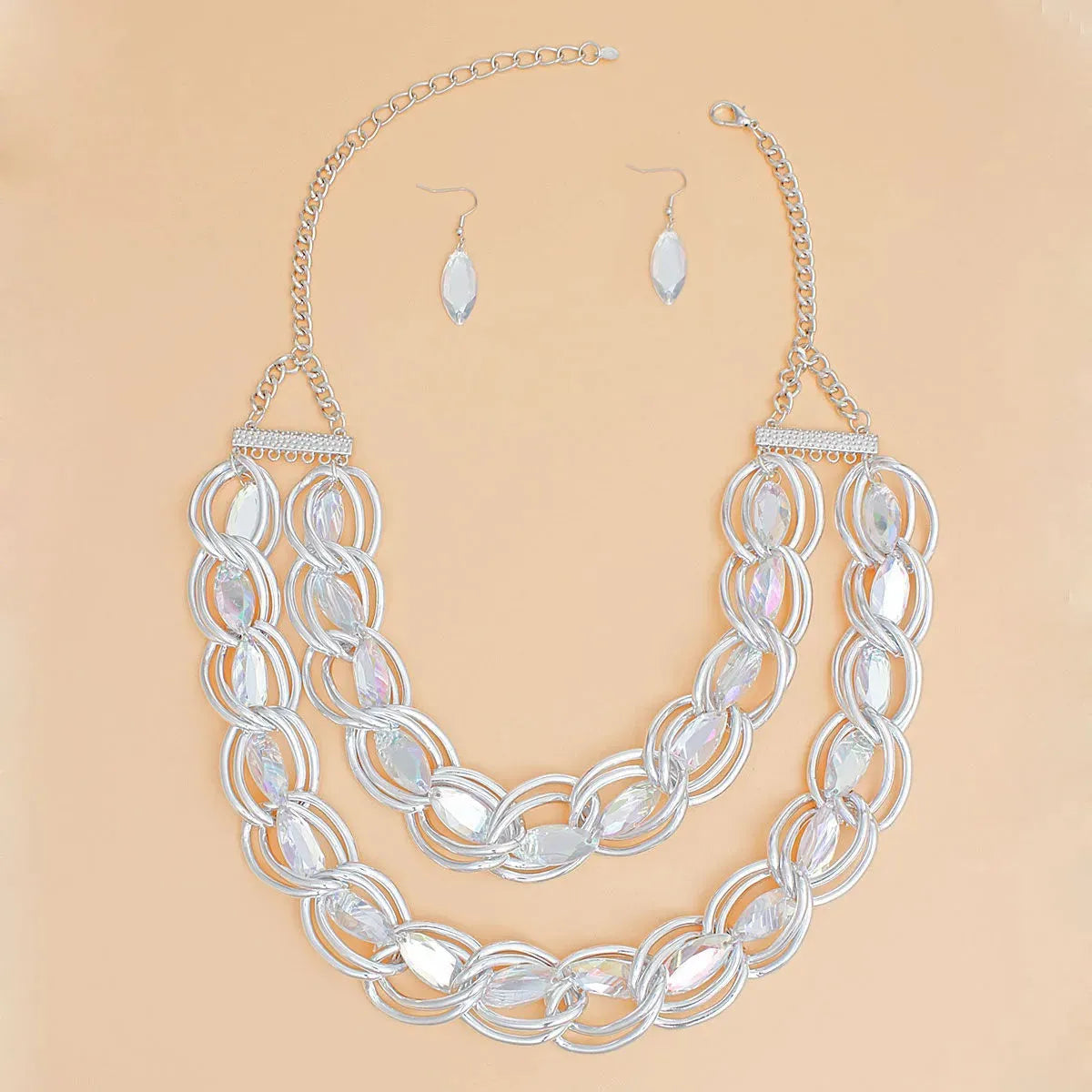 Elegant Boss Lady: Oversized Aurora Borealis Crystal Silver Metal Chain Necklace Set with Matching Earrings