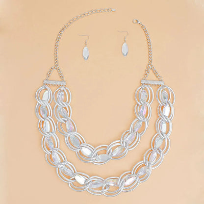 Elegant Boss Lady: Oversized Aurora Borealis Crystal Silver Metal Chain Necklace Set with Matching Earrings