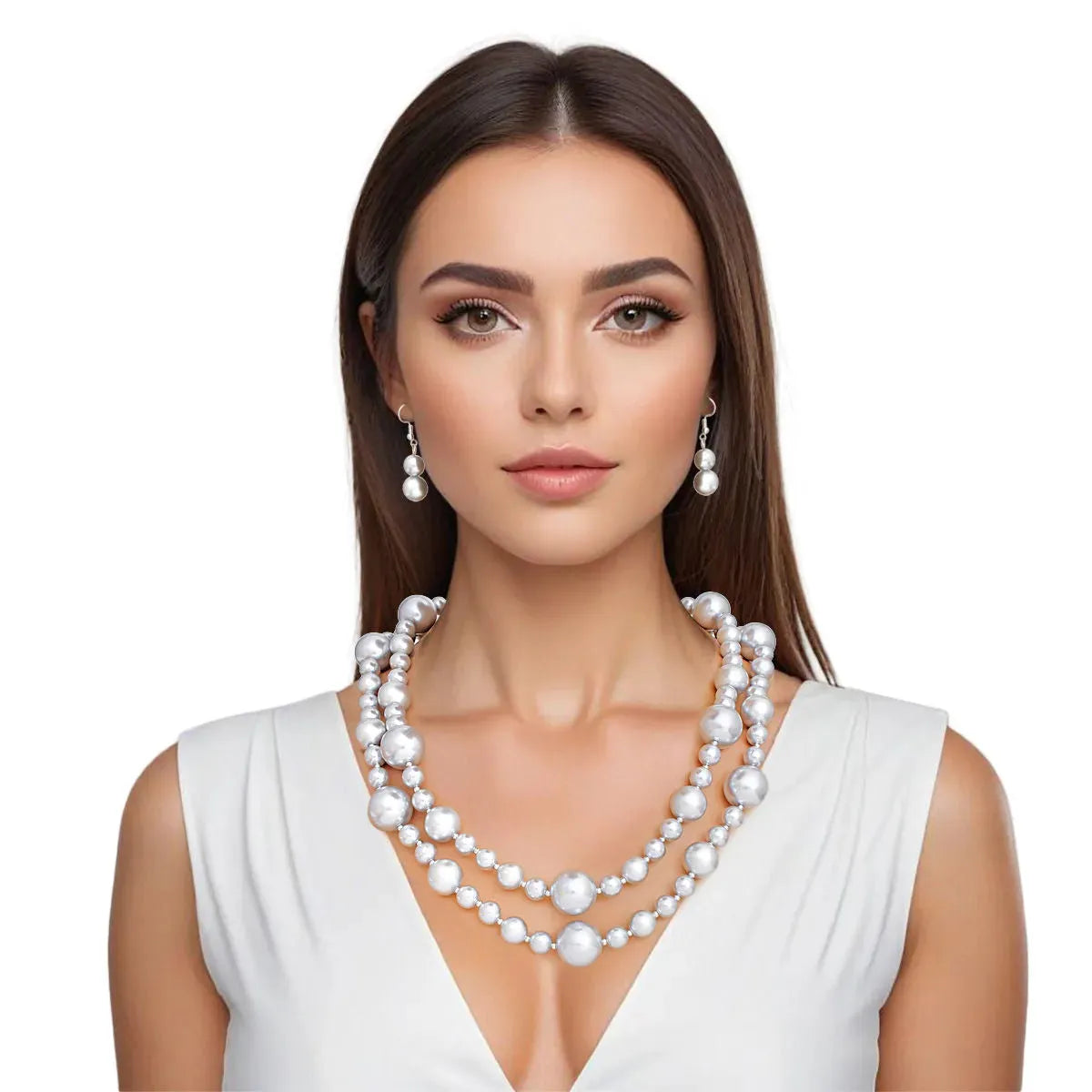 Elegant Double Strand Silver Metallic Pearl Necklace Set: A Must-Have Fashion Jewelry for Every Collection