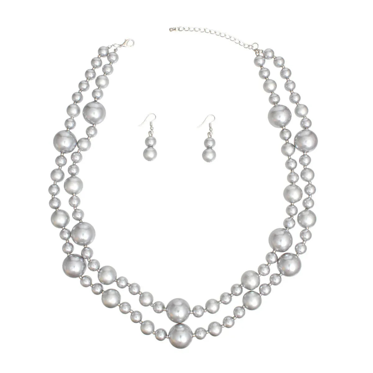 Elegant Double Strand Silver Metallic Pearl Necklace Set: A Must-Have Fashion Jewelry for Every Collection