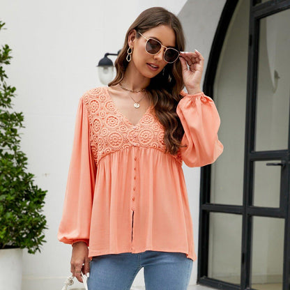 Elegant Lace Embroidered Lantern Sleeve Buttoned Blouse