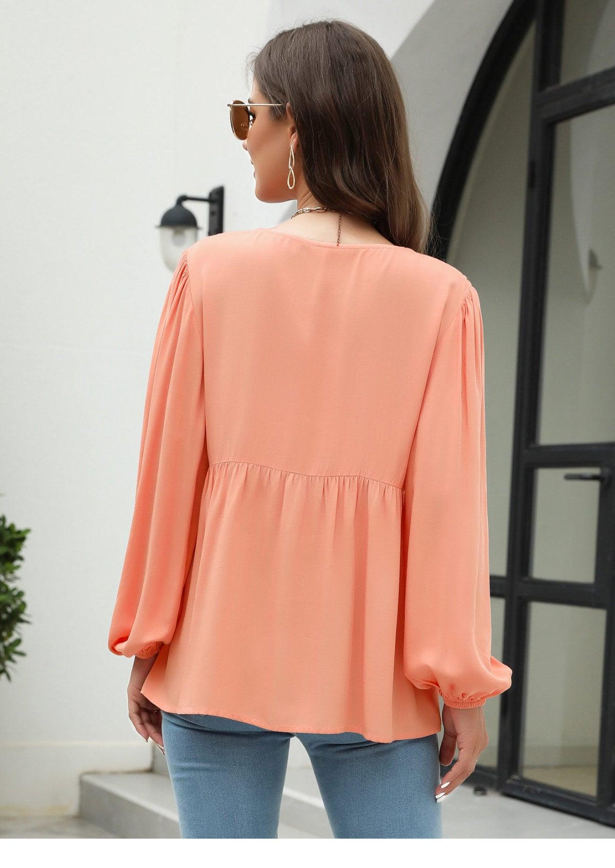 Elegant Lace Embroidered Lantern Sleeve Buttoned Blouse