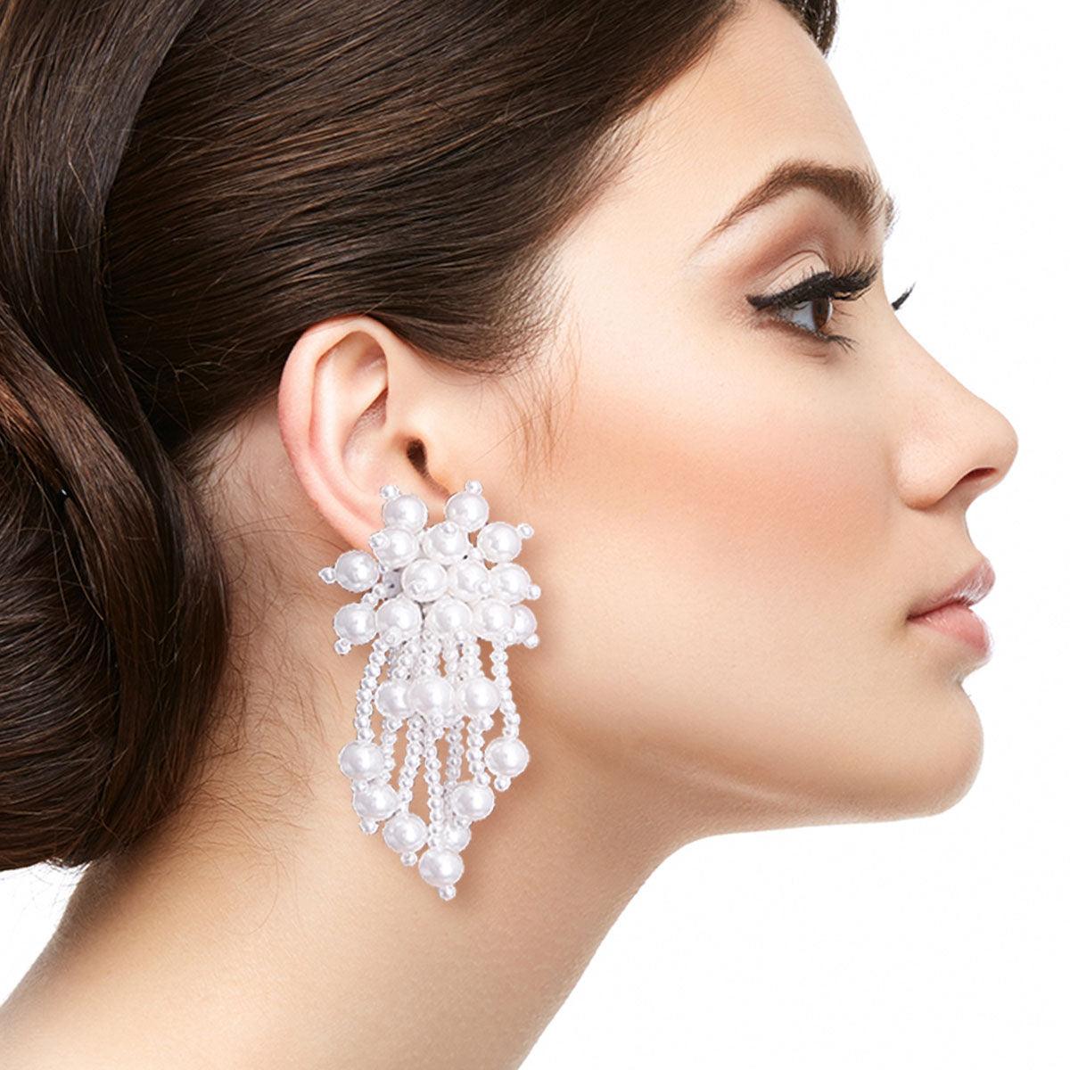 Elegant White Pearl Cluster Drop Earrings - Stand Out in Style & Sophistication