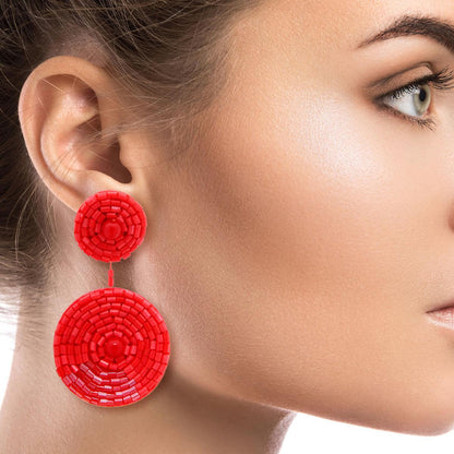Embroidered Bead Earrings Coral Color