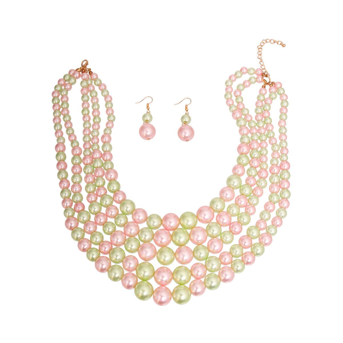 Eye-Catching Green Pink Bead Necklace & Earrings for Her