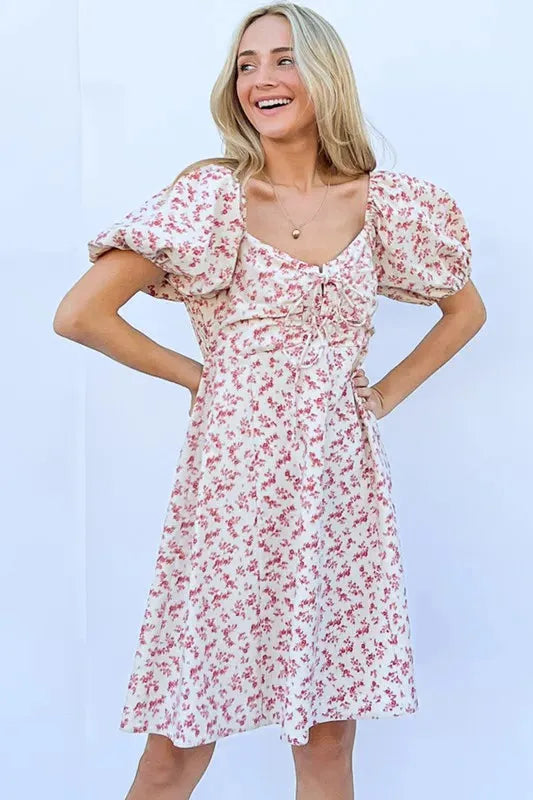 Lace-Up Front Puff Babydoll Dress – Romantic, Playful Boho Style