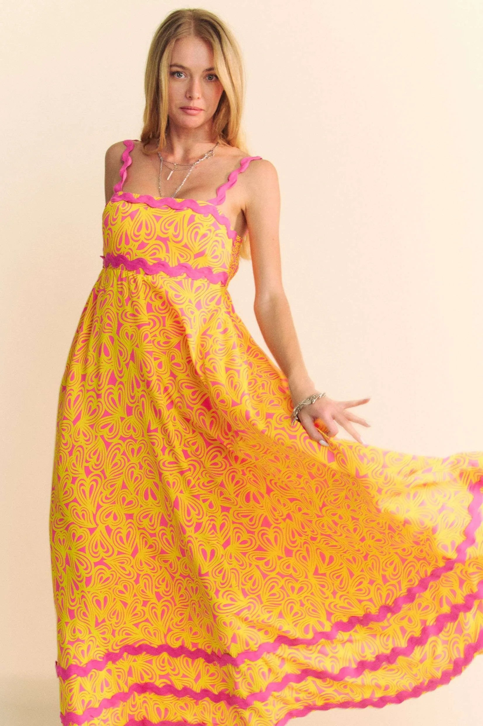 Davi & Dani Geo 2 Tone Printed Wavi Trim Tiered Maxi Dress Trendsi