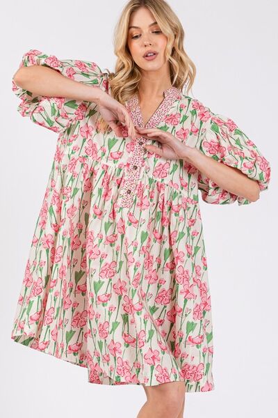 Floral Half Button Notched Puff Sleeve Pink Dress - Shop This Stylish Look Today Trendsi