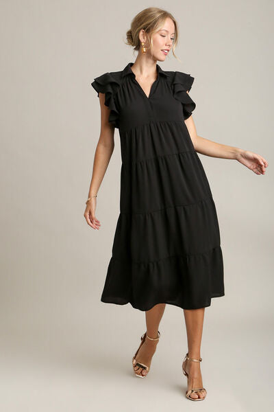 Johnny Collar Ruffle Cap Sleeve Tiered Dress Trendsi