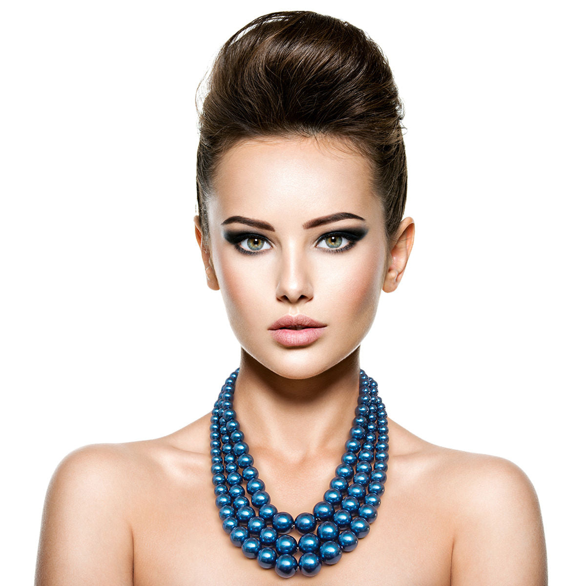Navy Blue Pearl Necklace Set Three Strand Acrylic Beads Rhodium Alloy