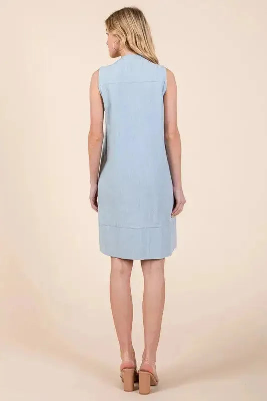 Denim Pintuck Detail Sleeveless Midi Dress with Pockets – Timeless & Versatile Style