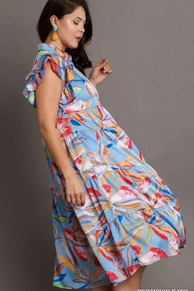 Playful Leaf Print Double Layered Ruffle Sleeve Tiered Midi Dress for Any Occasion