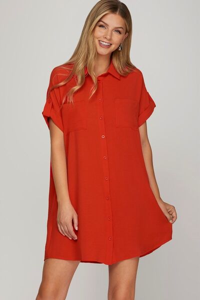 Button Down Short Sleeve Woven Shirt Dress Trendsi