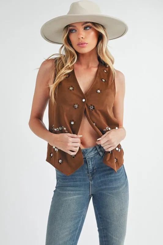 Brown Heart Rivet Suede Vest | Stylish Sleeveless Layering Piece for Women
