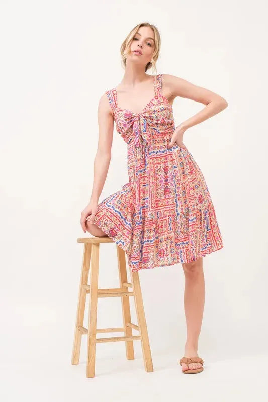 Boho Printed Dress with Tied Front and Tiered Skirt