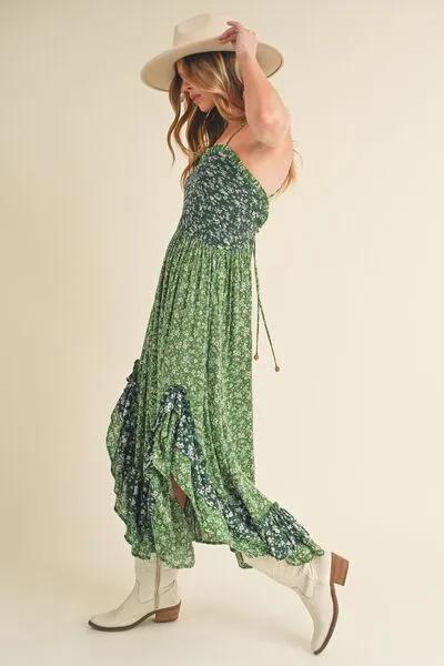 Green Ditsy Floral Ruffled Hem Maxi Cami Dress
