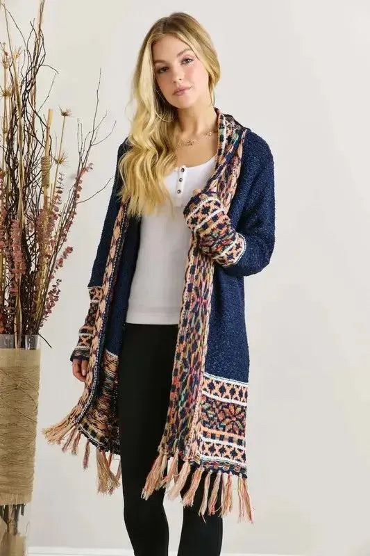 Fringe Hem Aztec Border Cardigan – Boho Chic Statement Layer for Women