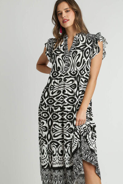 Two Tone Border Print Ruffle Cap Sleeve Midi Dress Trendsi