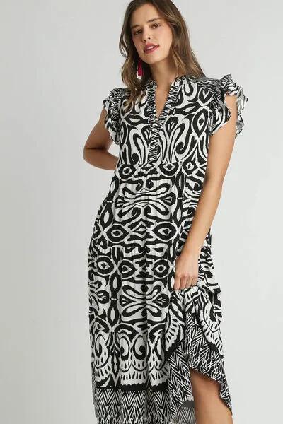 Two Tone Border Print Ruffle Cap Sleeve Midi Dress