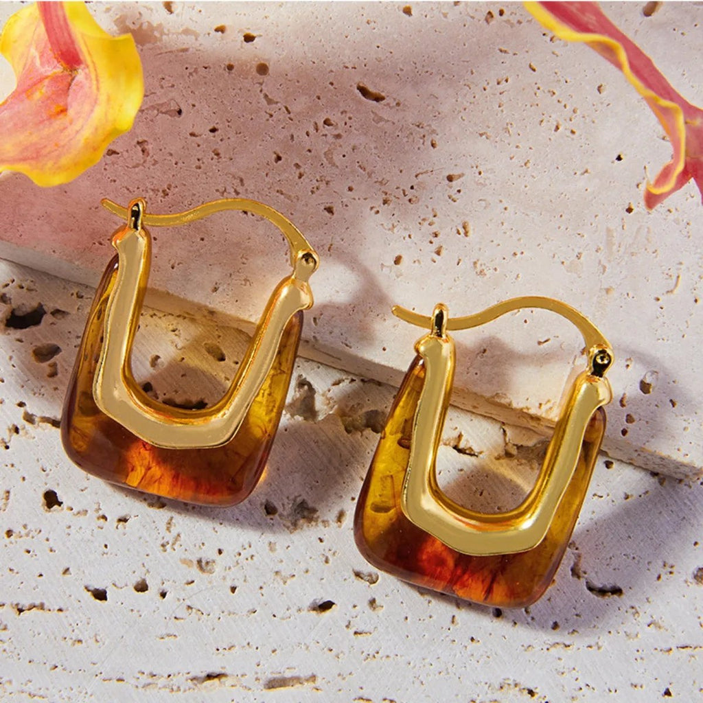 Gold-Plated U-Shape Resin Earrings - Modern Lightweight Design