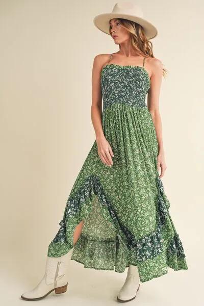 Green Ditsy Floral Ruffled Hem Maxi Cami Dress