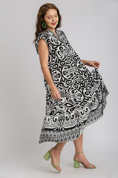 Two Tone Border Print Ruffle Cap Sleeve Midi Dress Trendsi