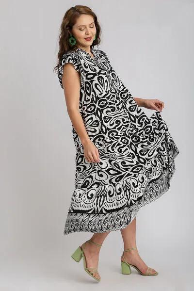 Two Tone Border Print Ruffle Cap Sleeve Midi Dress