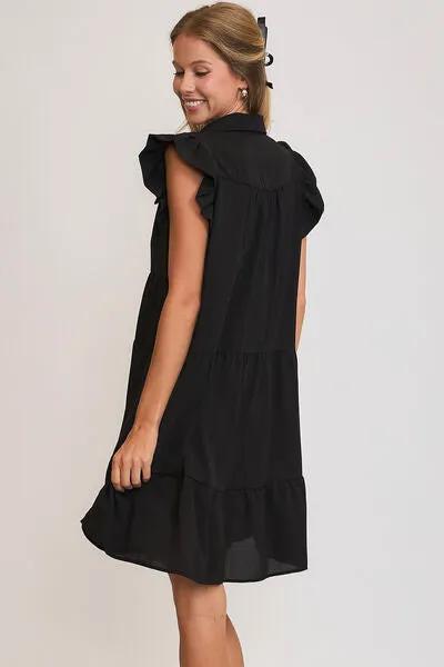Shop the Stylish Collar Ruffle Cap Sleeve Tiered Black Dress for Any Occasion