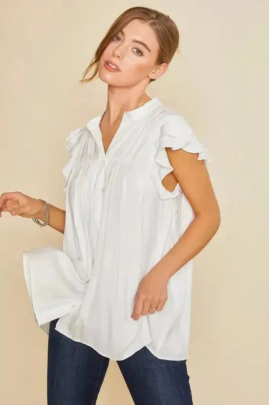 Ruffle Sleeve Shirred Flowy Woven Tunic Shirt in White – Feminine Frill & Effortless Elegance