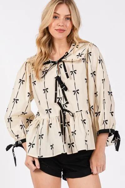 Chic Bow Print Tie Front Babydoll Cream Blouse You'll Love Wearing