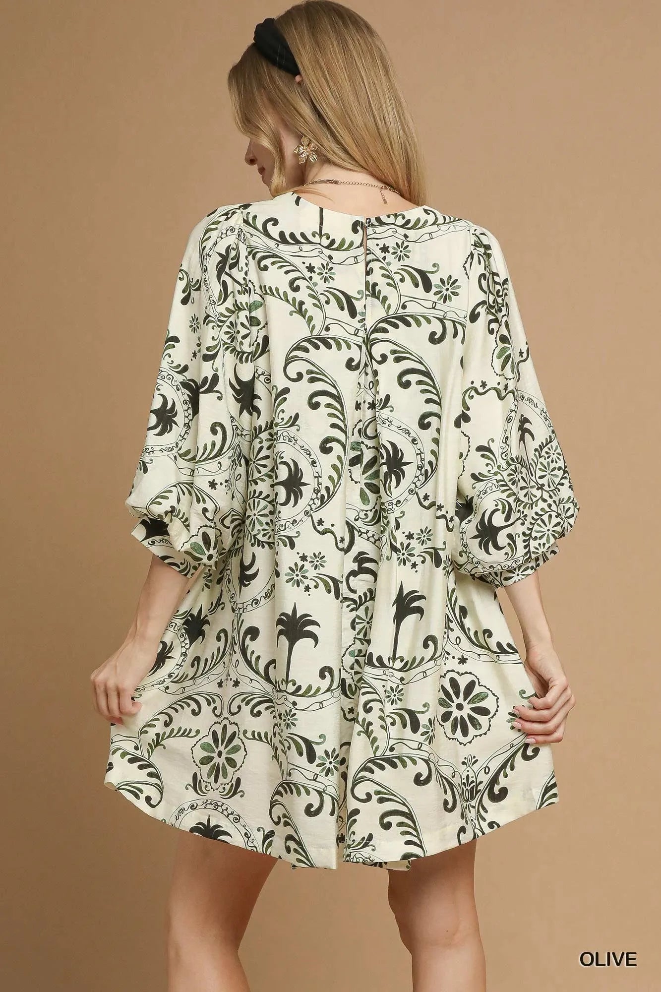 Umgee Boho Printed Balloon Sleeve Mini Dress