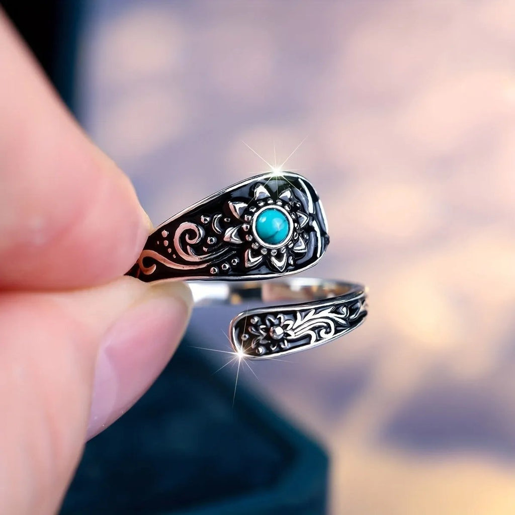 Sterling Silver Adjustable Ring with Turquoise Floral Inlay – 925 Open Bypass Design