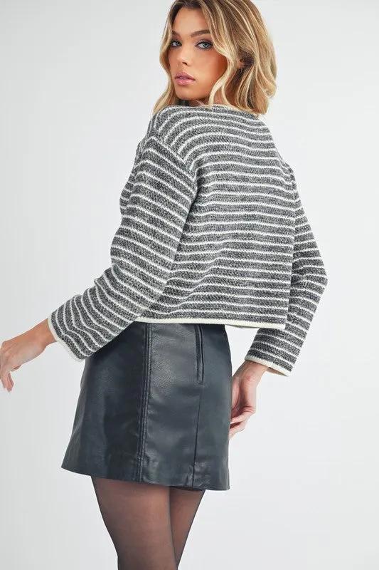 Striped Button Down Round Neck Cardigan