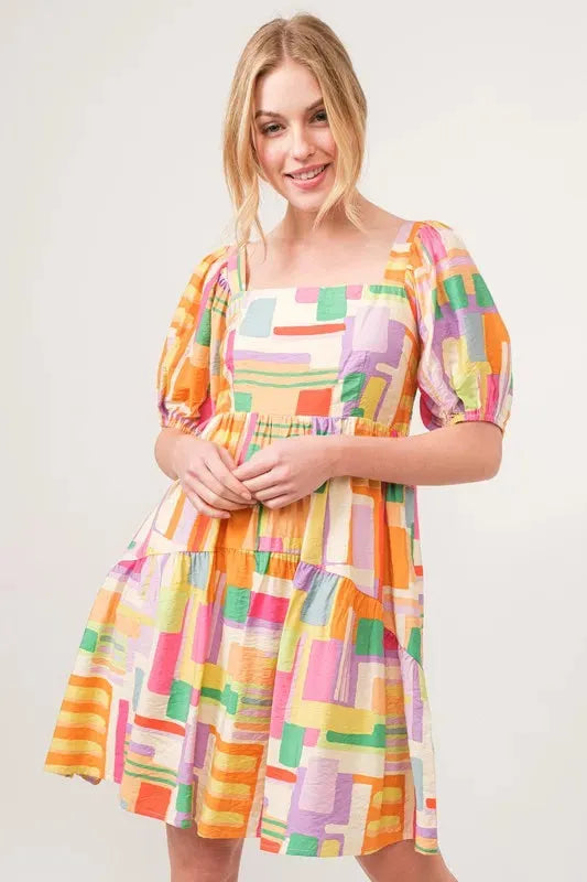 Square Neck Puff Sleeve Geo Printed Mini Dress – Bold, Modern Statement Style