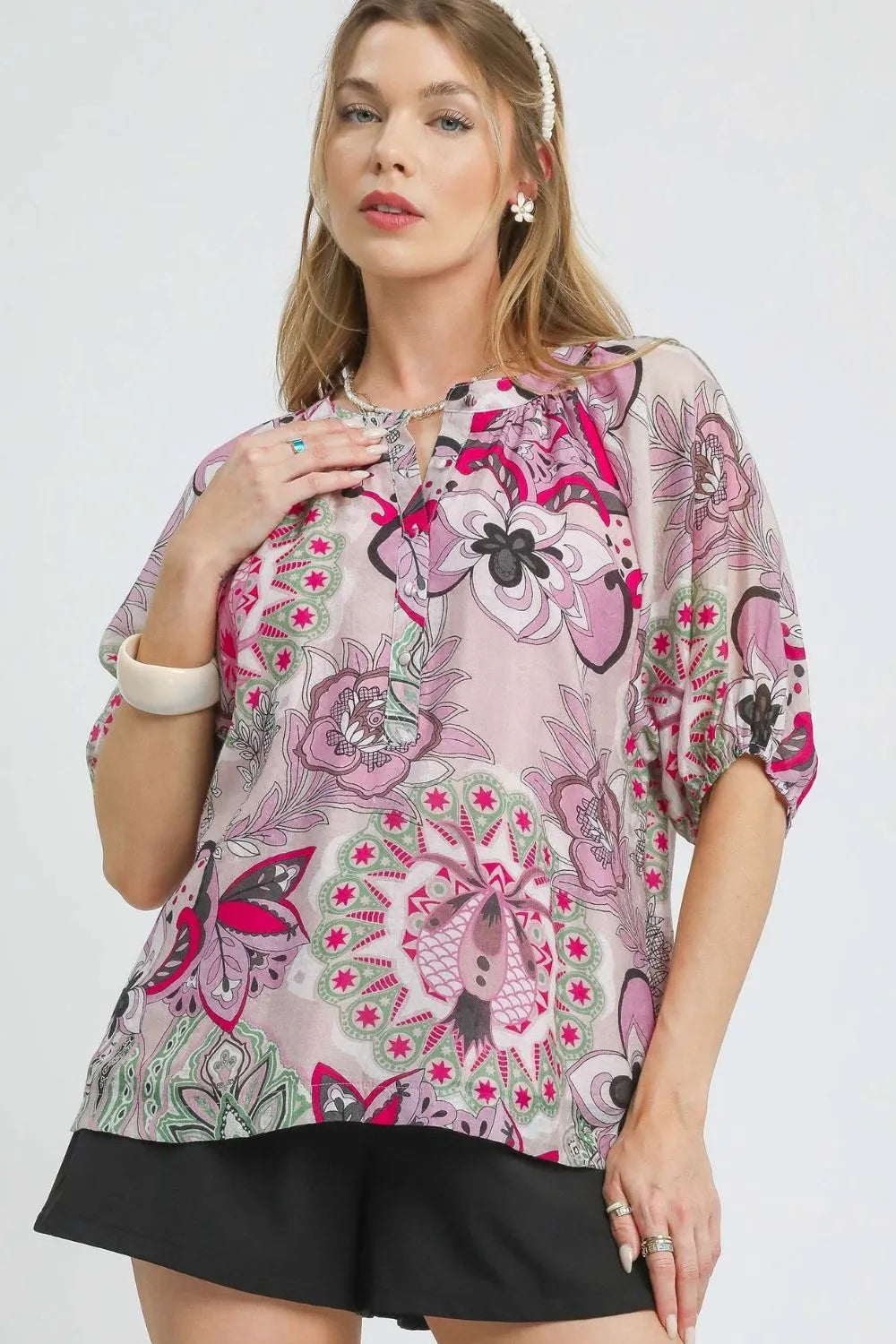 Umgee Floral Print Half Sleeve Blouse